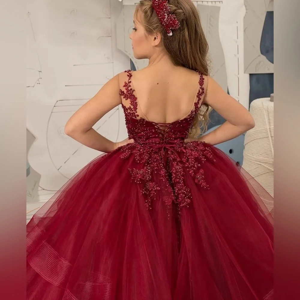 Girls' Special Occasion Tulle Tiered Dress with lace appliqué.